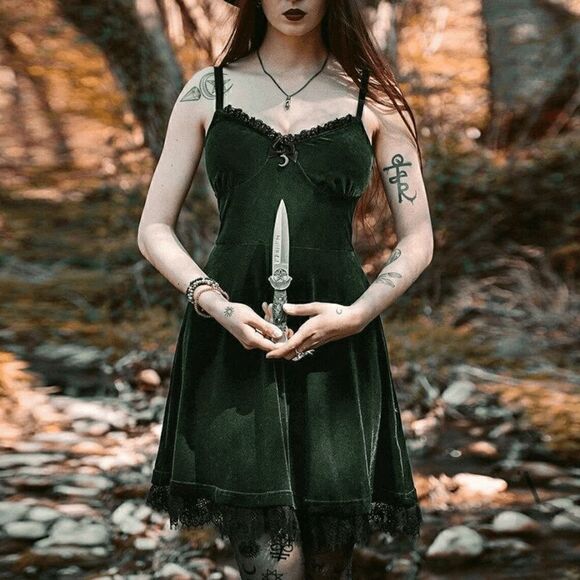 Gothic Lolita Vintage Retro Lace Trim Green Velvet Party Slip Dress SIZE L NEW - Picture 4 of 16